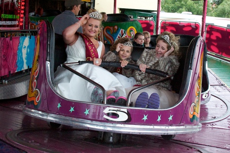 L to R: 2012 Bloxwich Carnival Queen Alice Jones, 2012 Rosebud Megan Leigh Small and 2012 Princess Amelia Ellis enjoy a wild ride on the Waltzer