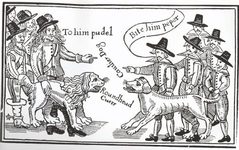 English Civil War cartoon - Cavaliers to the left, Roundheads to the right